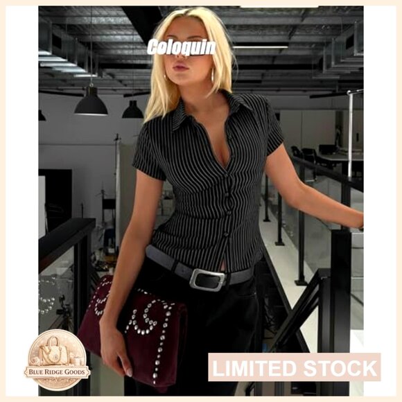 Striped Fitted Button Down Shirt Short Sleeve Collared Office Blouse Y2K - Picture 4 of 5